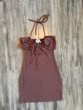 Waffle Halter Mini Dress - Brown